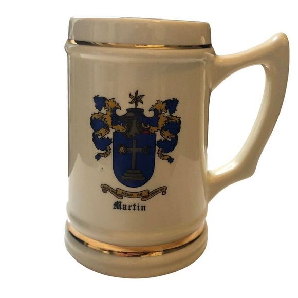 CERAMIC BEER MUG Made in USA Family Crest “Martin” Crest 22k Gold Band Trim - Picture 6 of 8